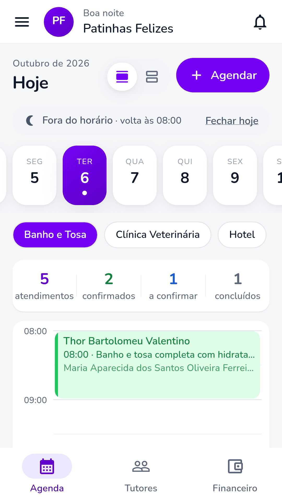 App Gestão Pette: agenda do dia